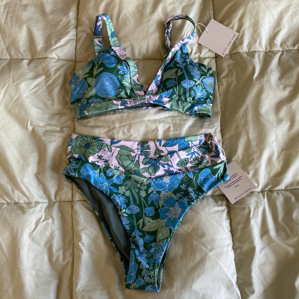 Kitty And Vibe- Banded Triangle Bikini Top & High Hip Crossover Bottoms, Esme